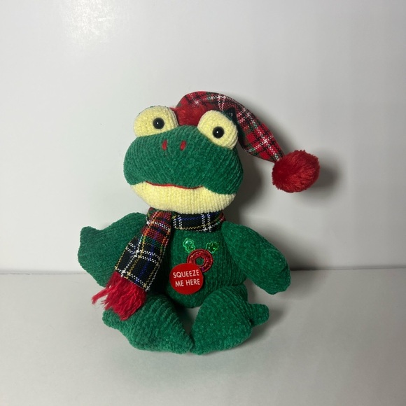 Carlton Cards VTG Singing Frog Jingle Bells Works Scarf Plush Stuffed Animal - Picture 1 of 10